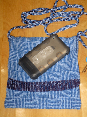 dark and light blue log cabin fabric purse