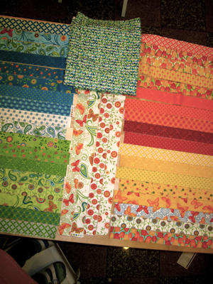 strips of precut quilting fabric in different print designs